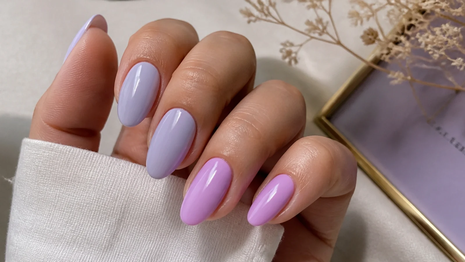 Soft gray-blue milky lavender nails beside a brighter light purple for comparison
