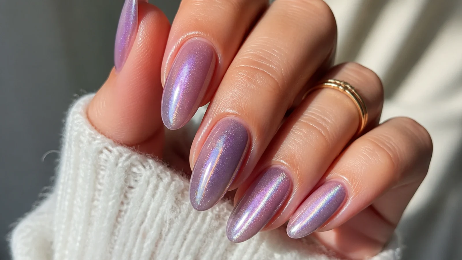 Lavender cat-eye nails with a shifting light band, almond shape