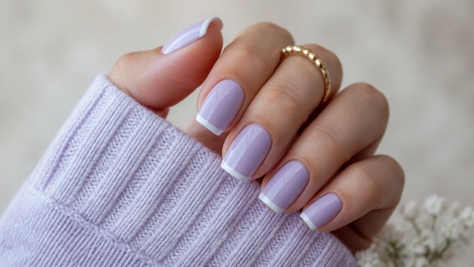 Milky lavender nails with a thin white French tip, square shape