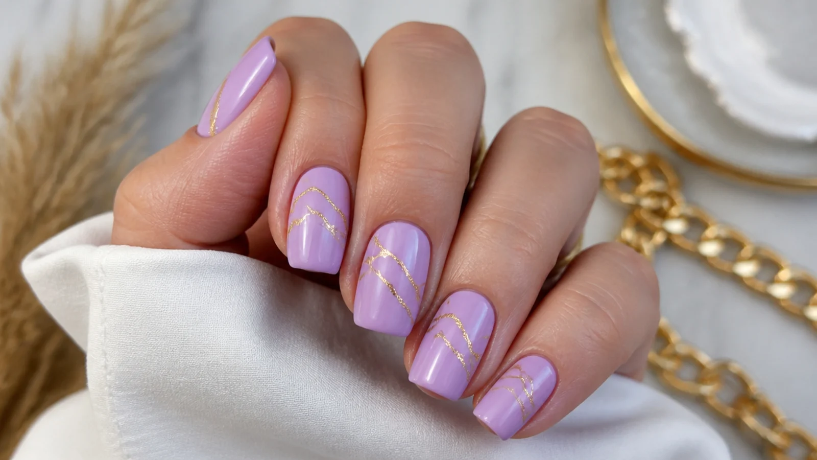 Pastel lavender nails with thin gold foil line accents, square shape