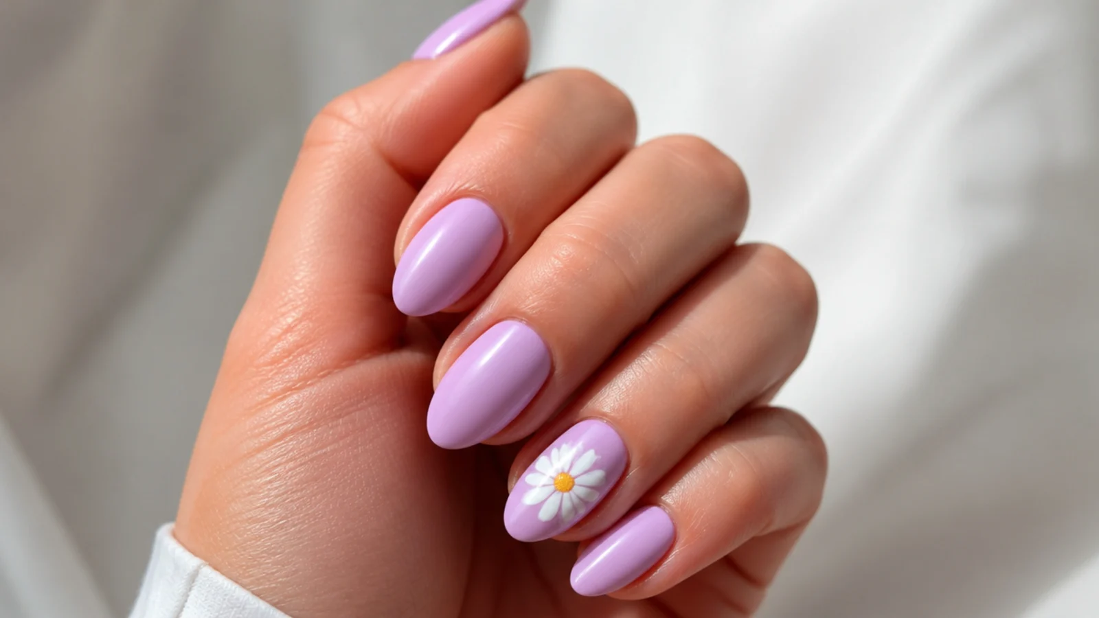 Solid lavender nails with one white daisy accent nail, almond shape