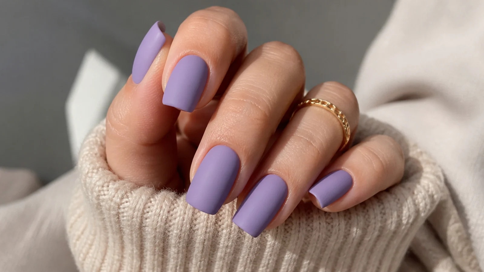 Matte soft lavender nails with a velvety finish, square shape