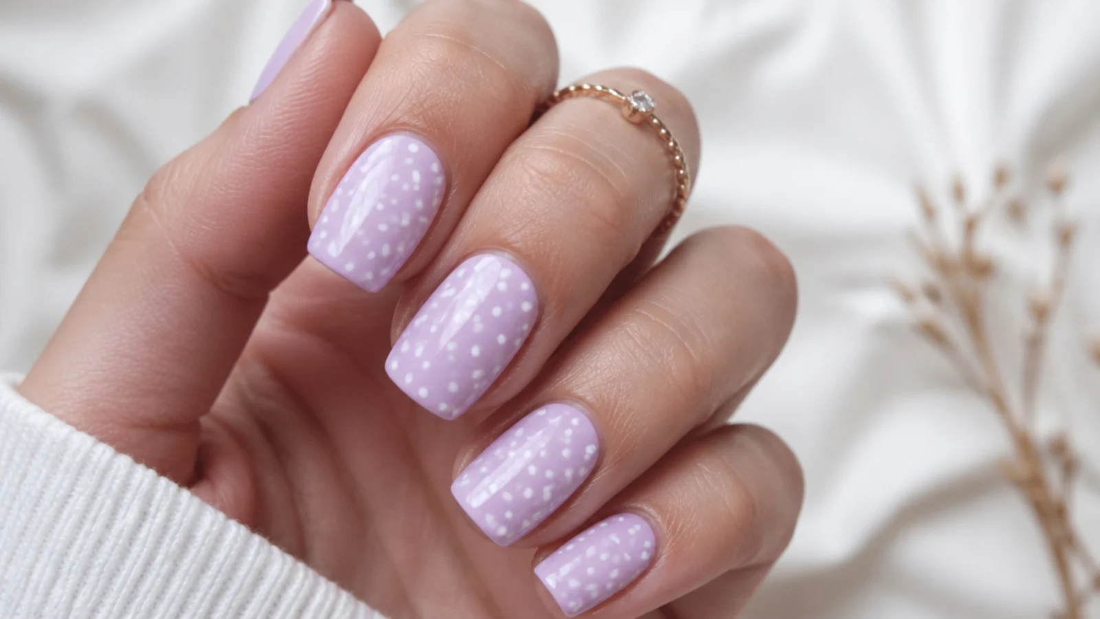 Pastel lavender nails with tiny white polka dots, square shape