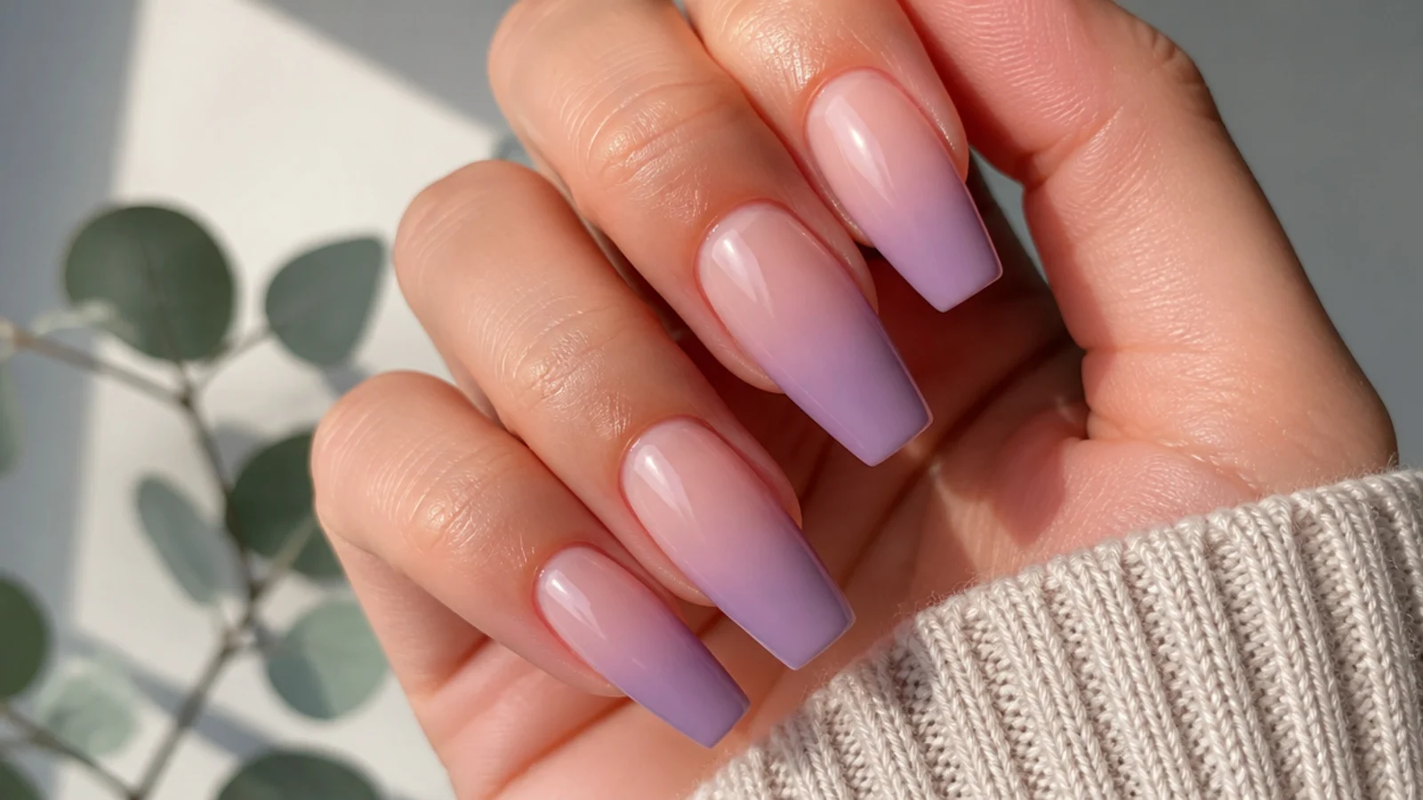 Sheer nude nails fading into a soft lavender ombre tip, coffin shape