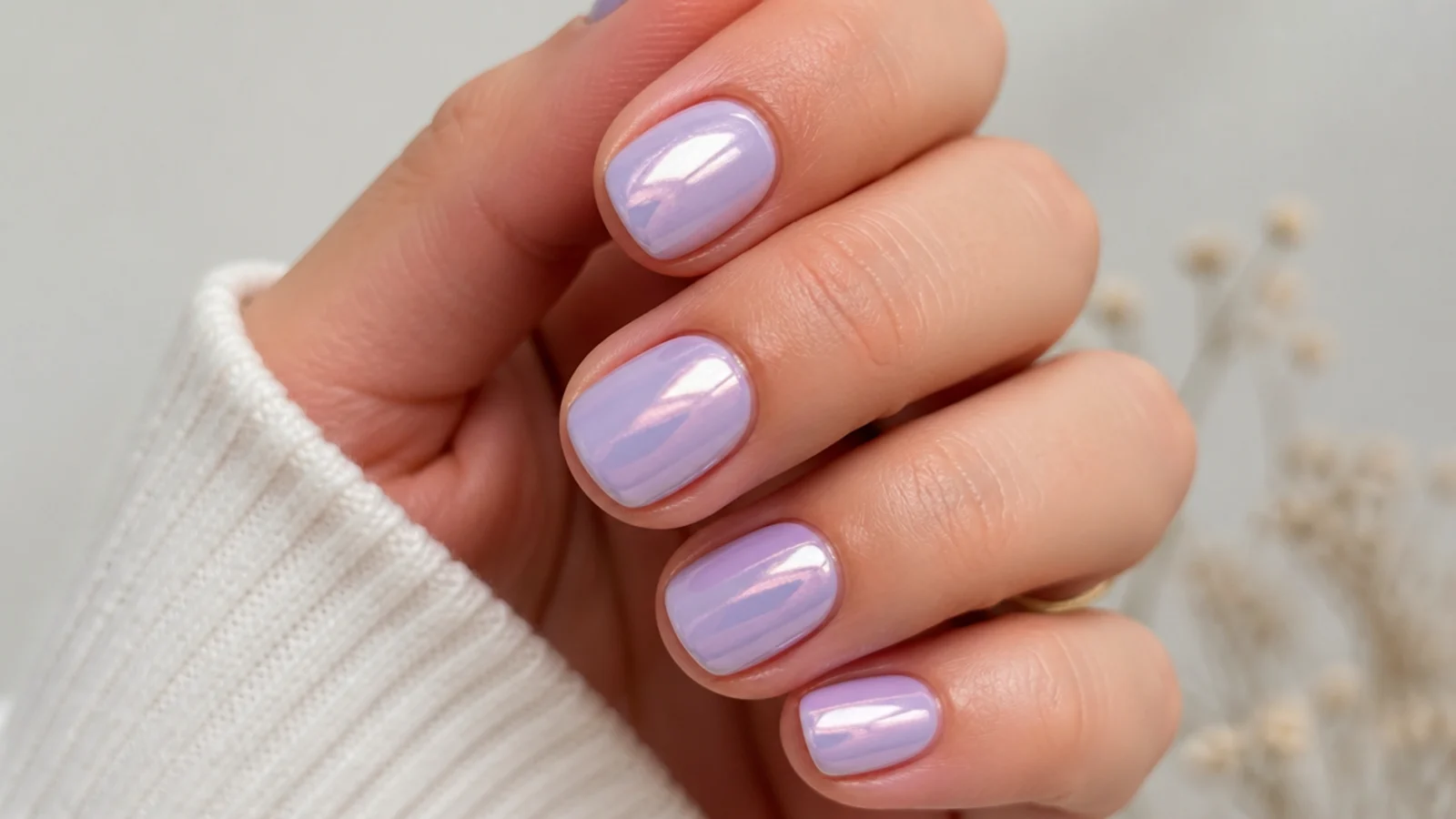 Milky lavender nails with a pearly glazed chrome finish, short round shape