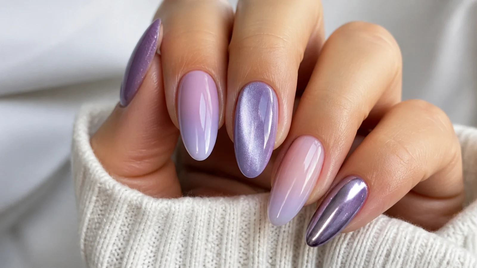 Lavender nails shown in chrome, milky, cat-eye, ombre and glitter finishes