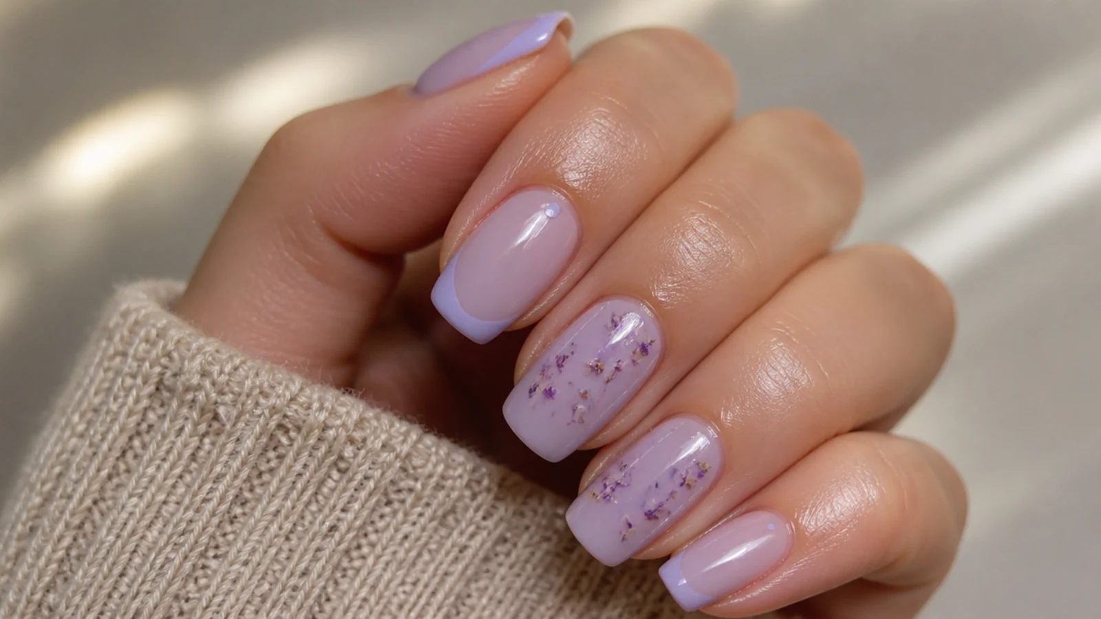 A well-sealed lavender gel manicure with cuticle oil for longevity