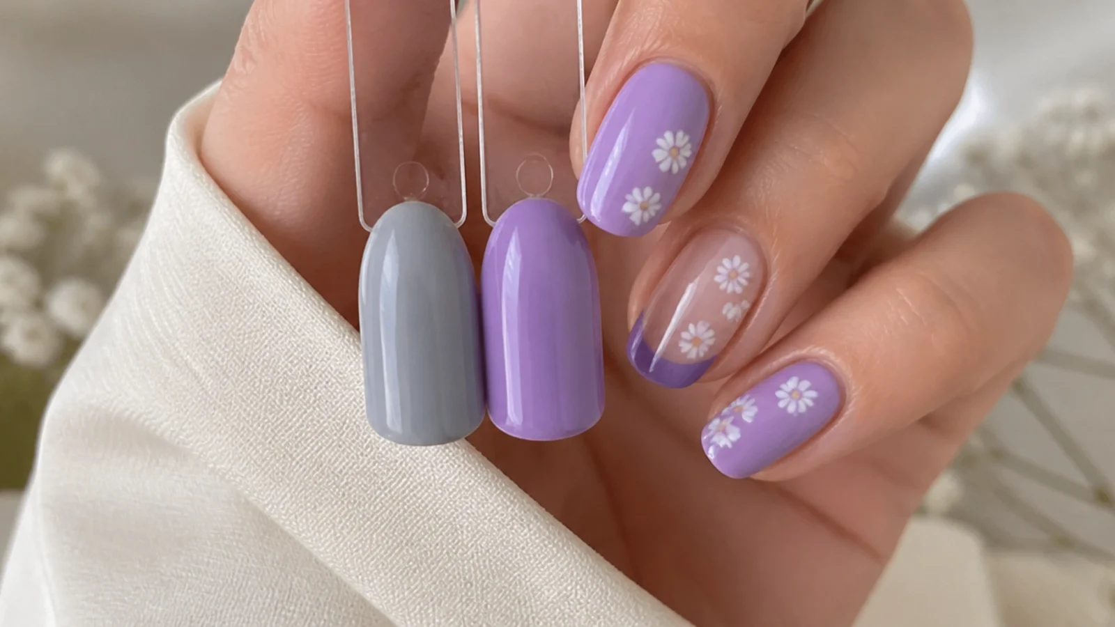 Soft gray-blue lavender swatch beside a brighter light purple swatch