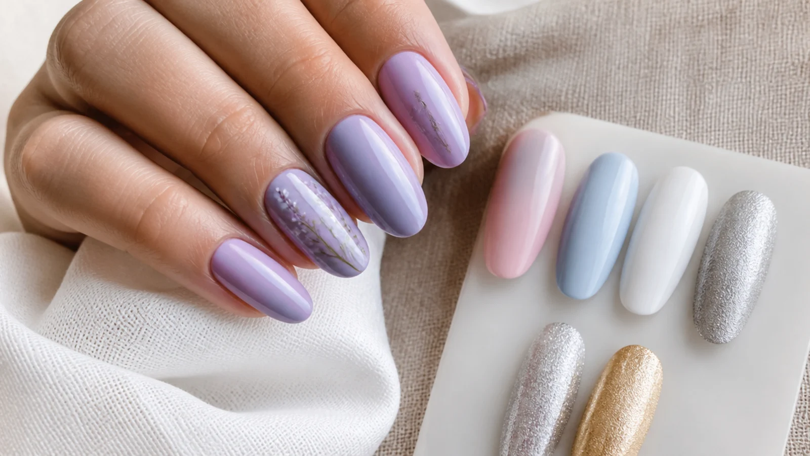 Lavender nails styled beside pink, blue, white, silver and gold accent swatches