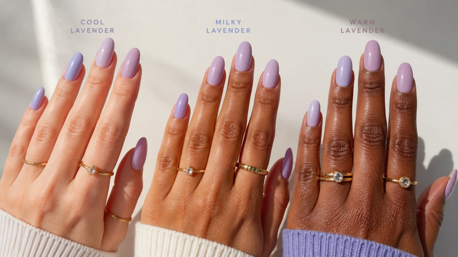 Cool, warm and milky lavender swatches compared across different skin tones