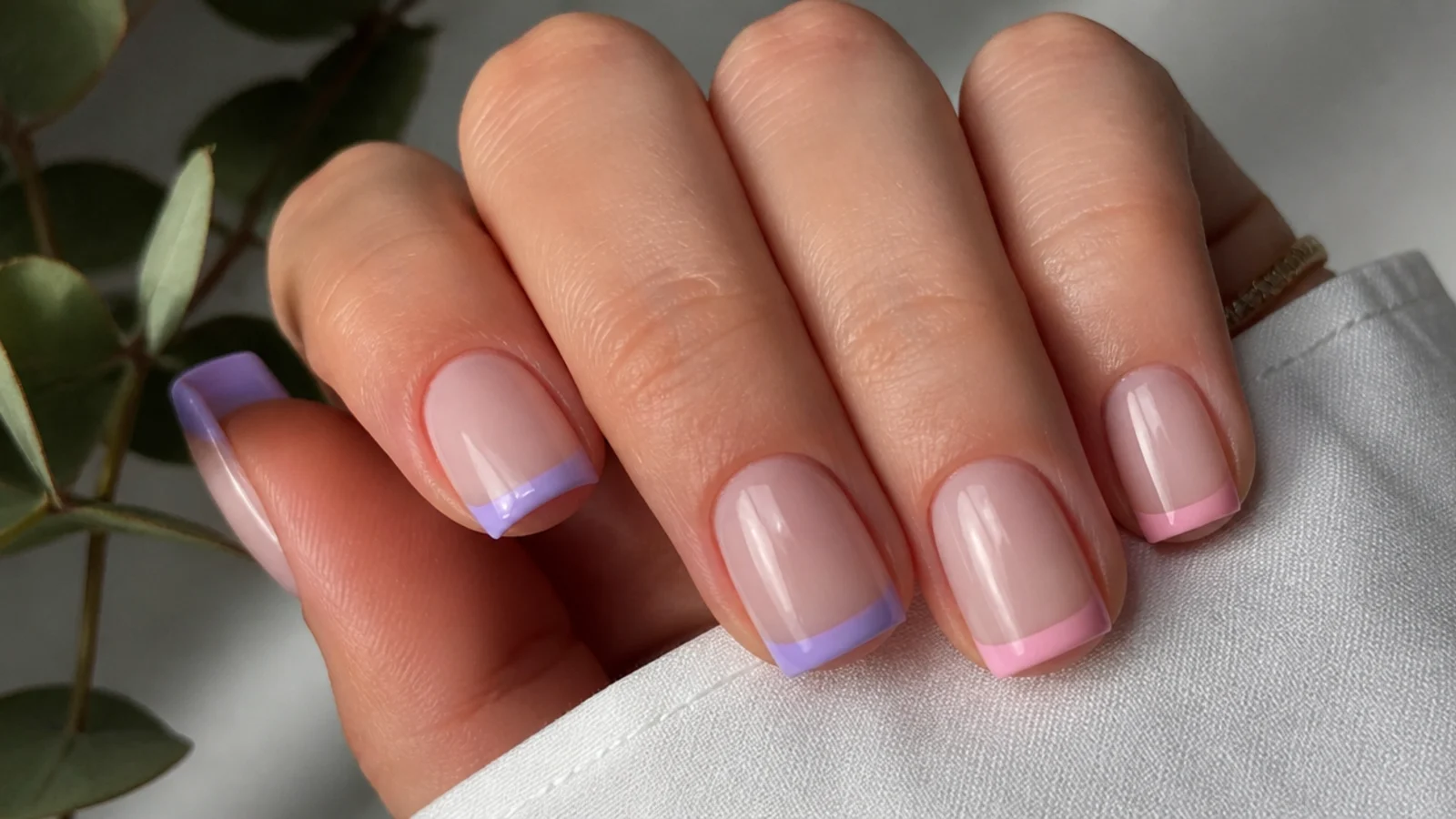 Alternating baby pink and lavender colored tips on short square nails