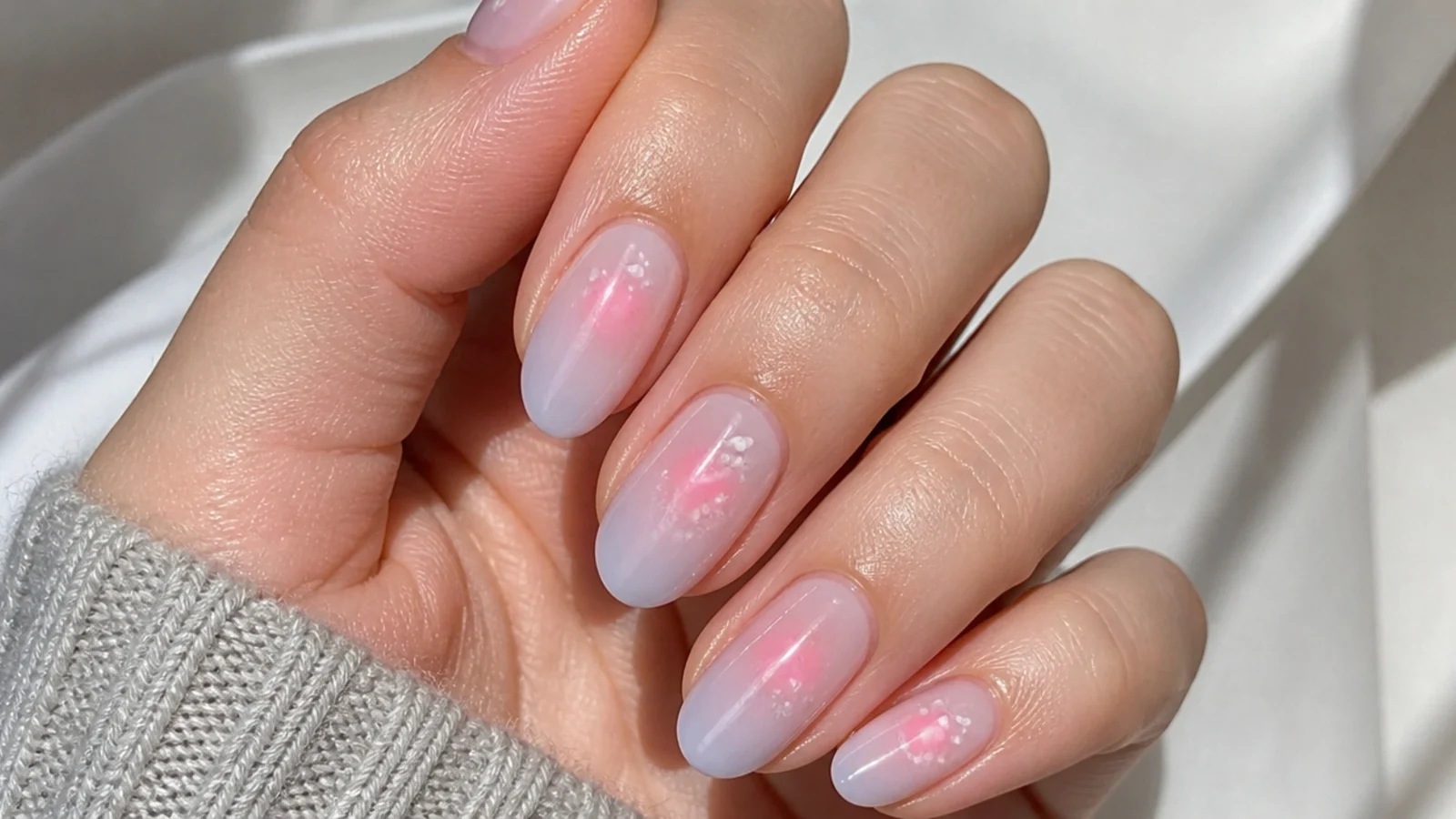 Sheer milky lavender nails with a soft pink flush on short almond nails