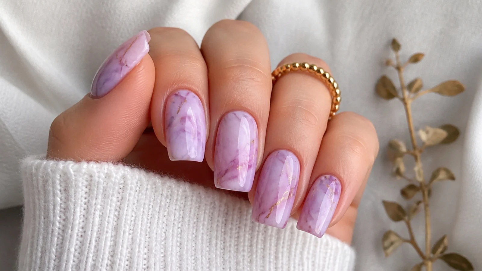 Soft lavender and pink marble nails with hazy veining on square nails