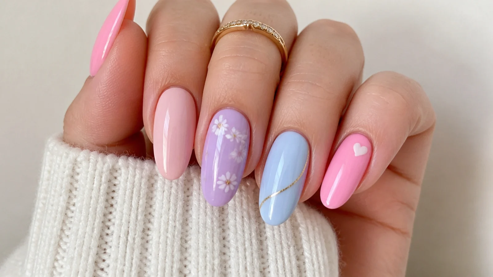 Each nail a different pastel of pink lavender and baby blue on almond nails