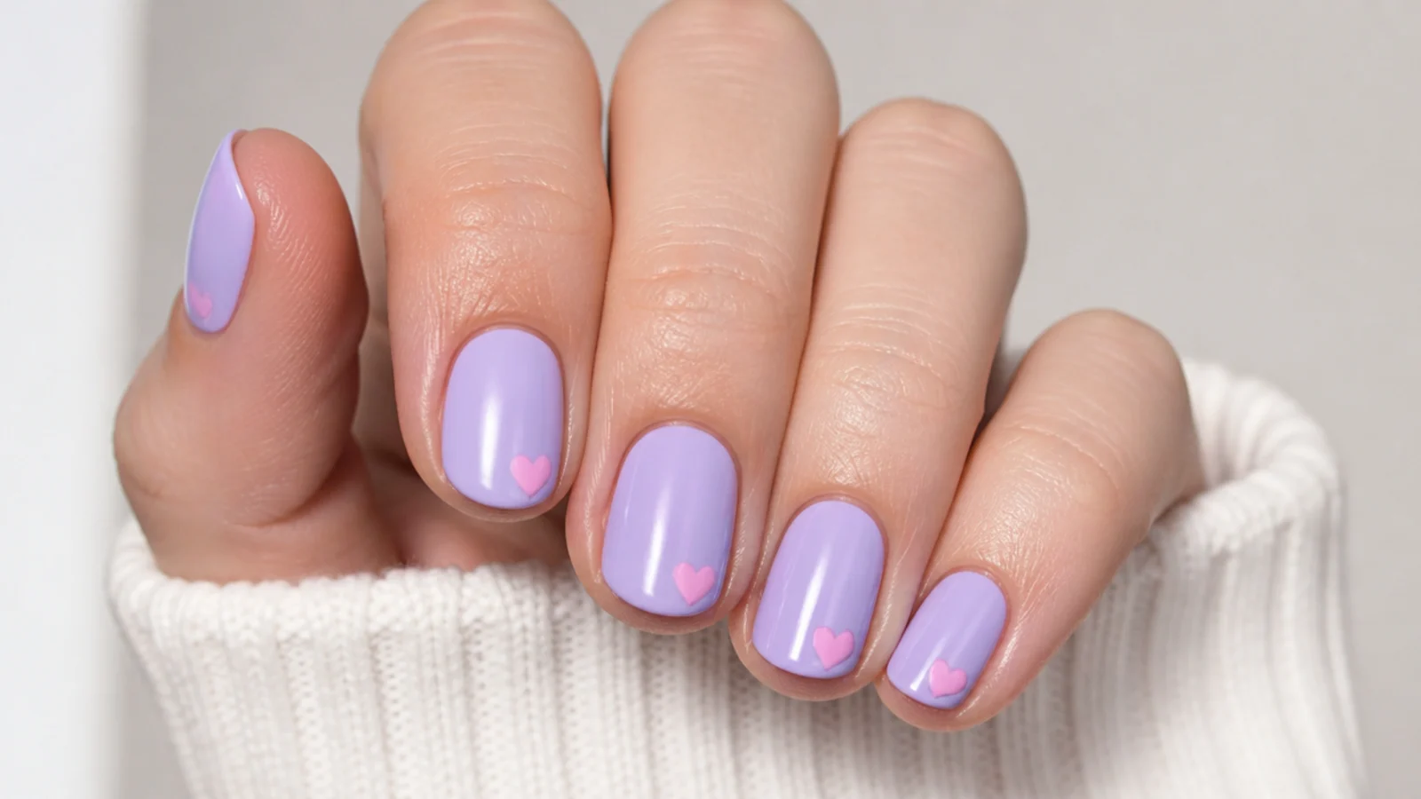 Lavender nails with tiny pink heart accents at the tips on short nails
