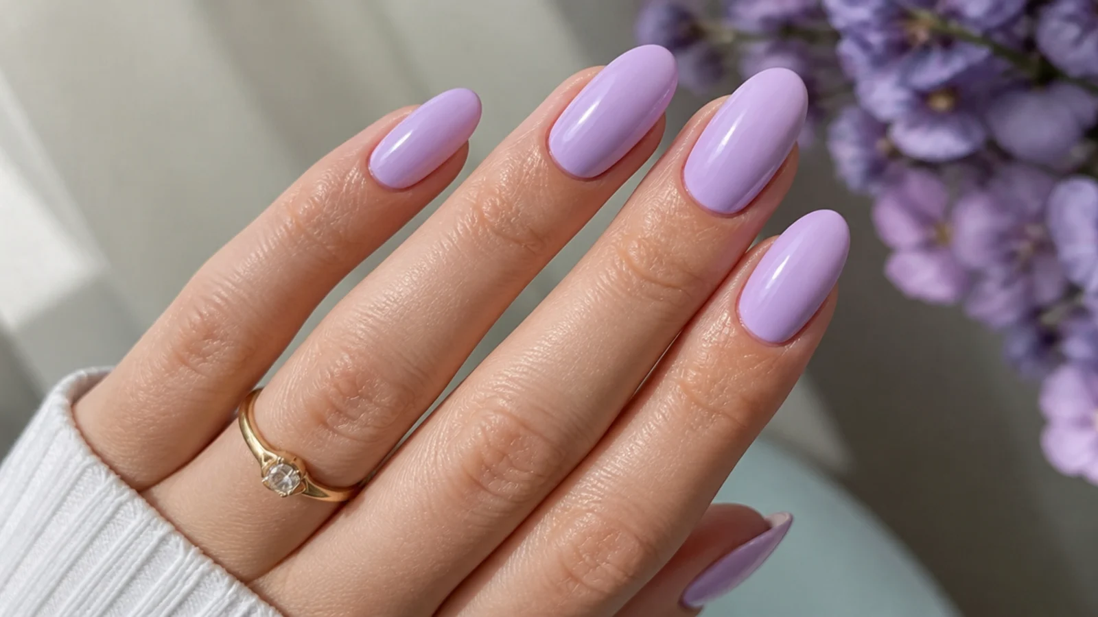 Long glossy lavender almond nails with a high-shine top coat