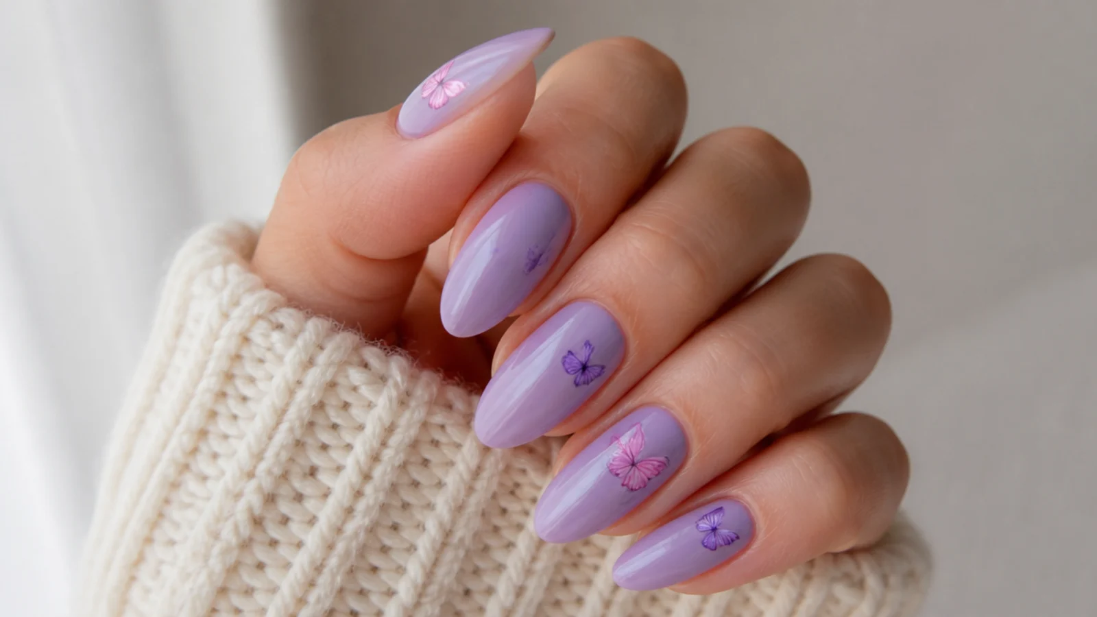 Lavender nails with small pink and purple butterfly accents on almond nails