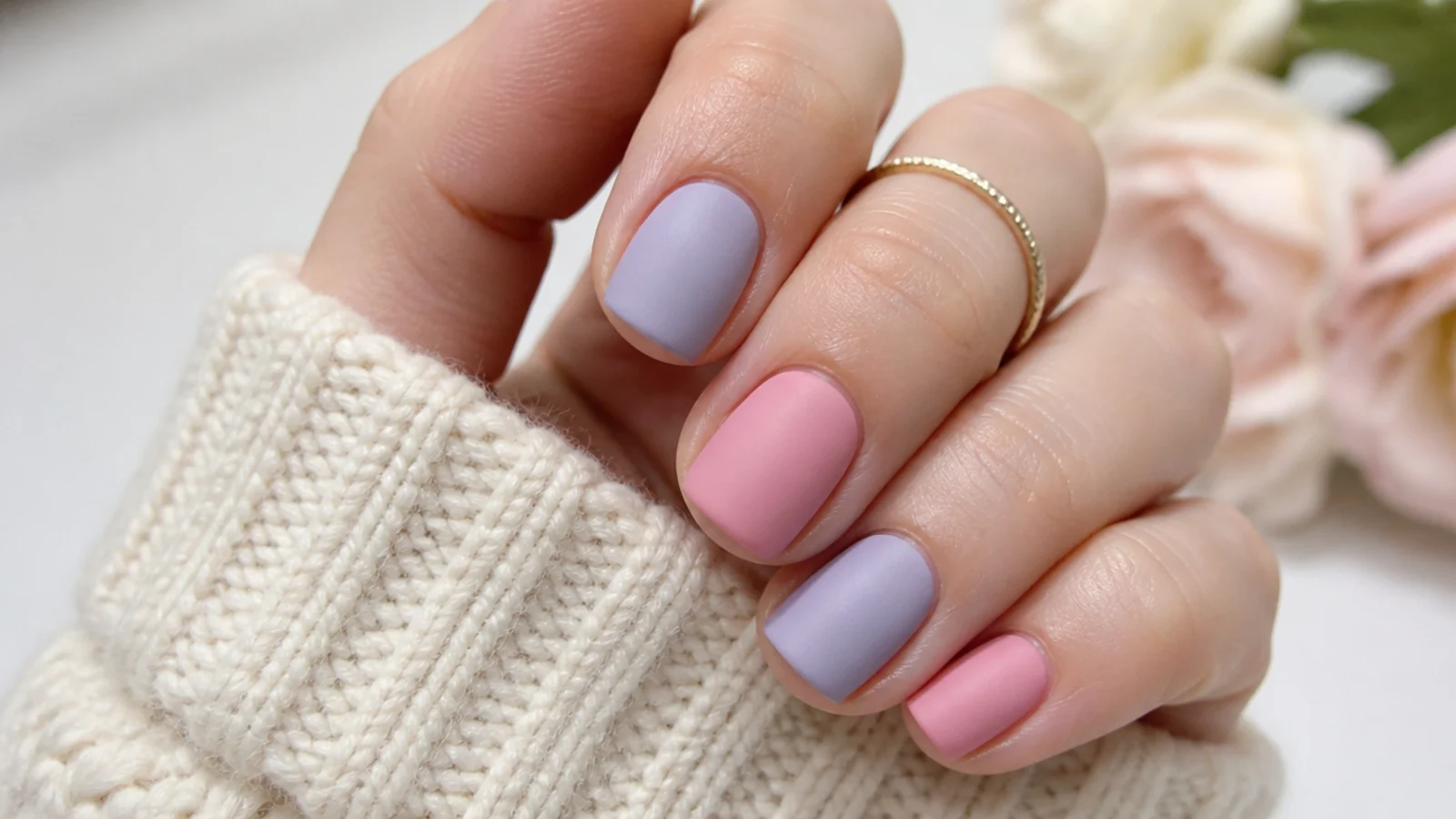 Matte pink and lavender nails alternating on short square nails