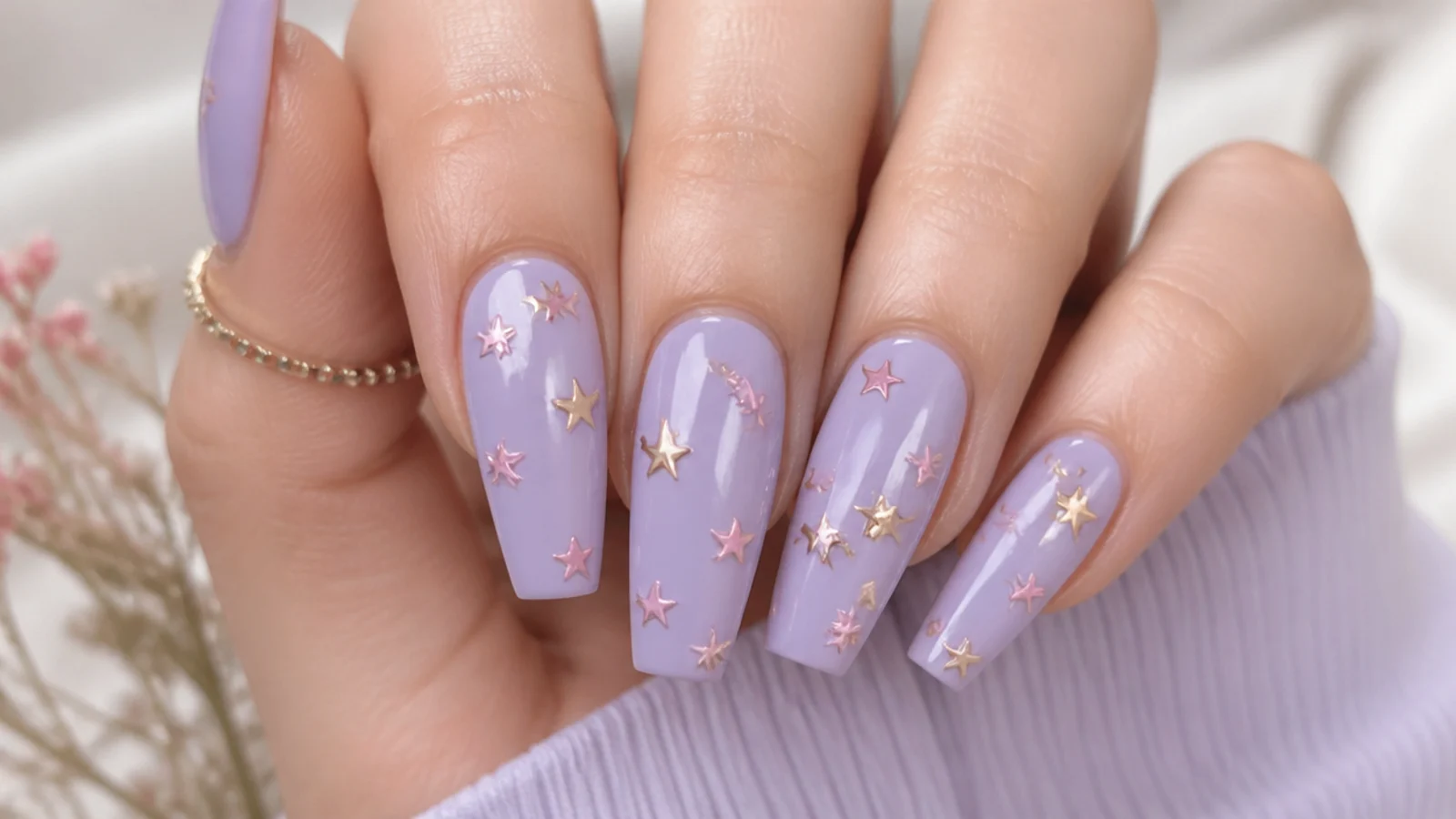 Lavender nails with tiny gold and pink star studs on coffin nails