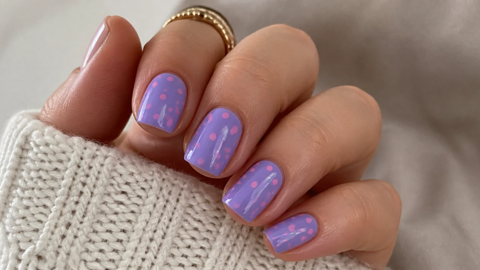 Short lavender nails with tiny pink polka dots on a squoval shape