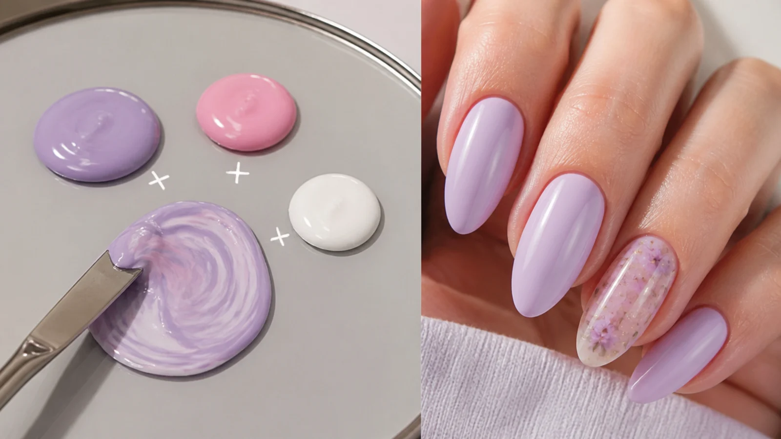 Mixing a milky lavender by adding pink and white to a lilac gel on a palette