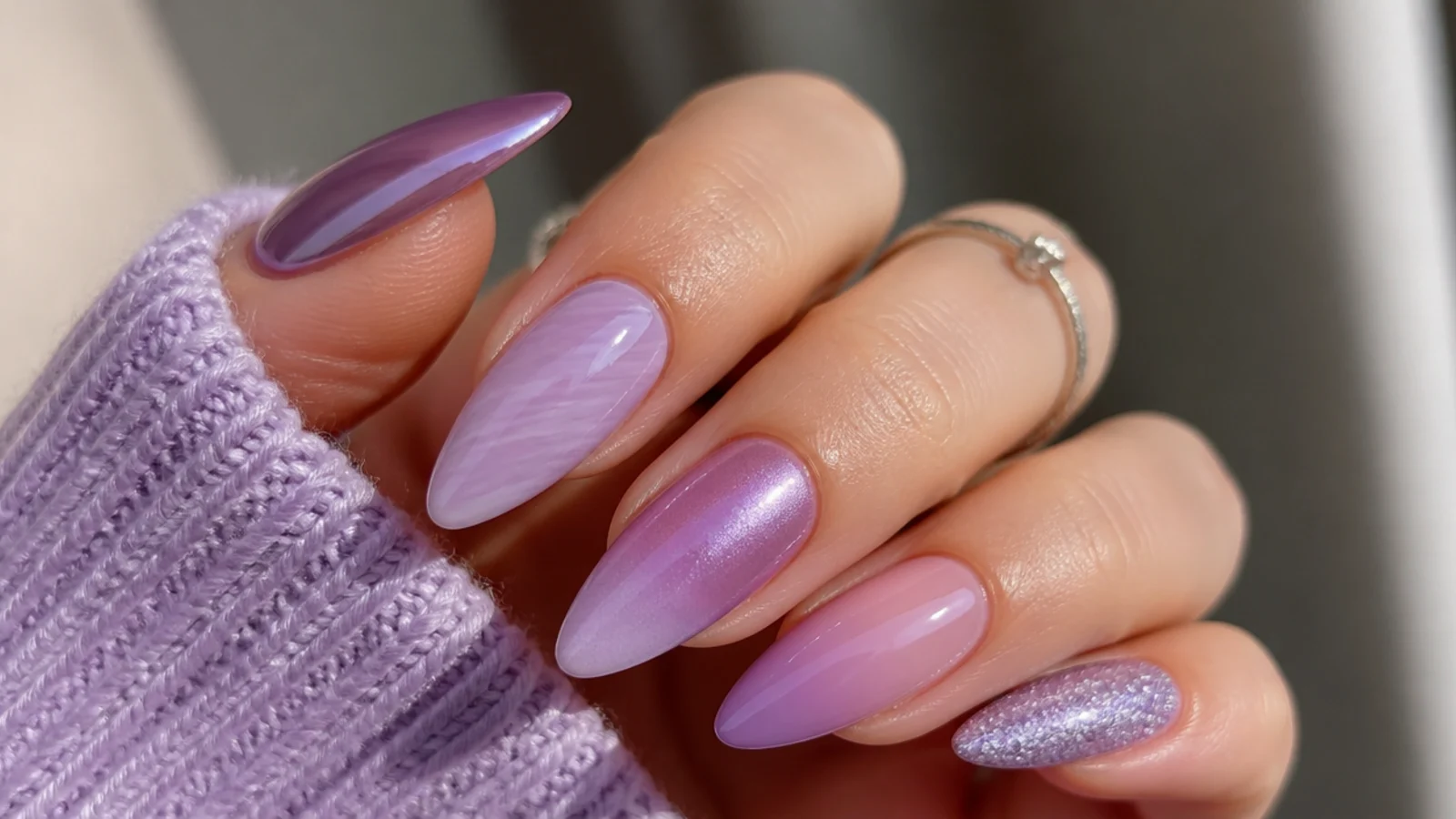 Lavender nails shown in chrome, milky, cat-eye, ombre and glitter finishes