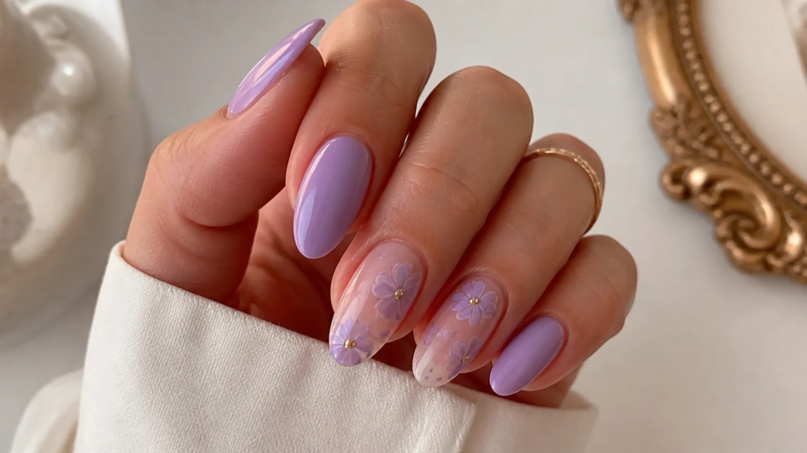 A well-sealed lavender gel manicure with cuticle oil for longevity