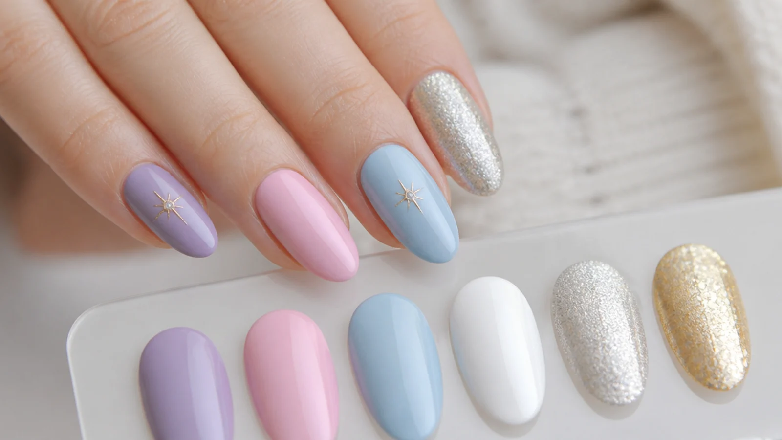 Lavender nails styled beside pink, baby blue, white, silver and gold swatches