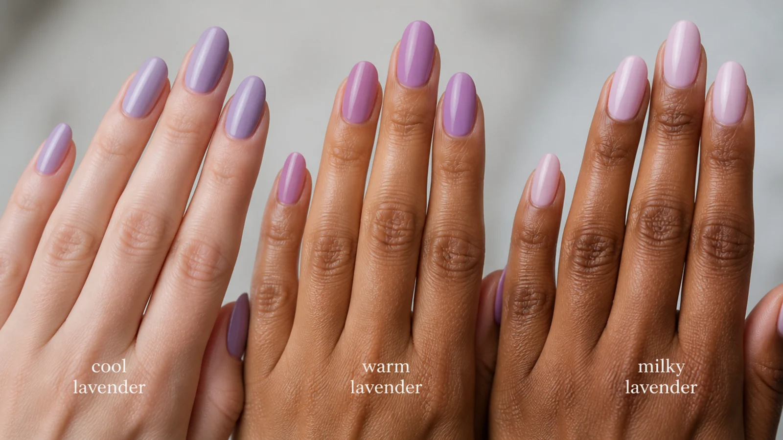 Cool, warm and milky lavender pink swatches held against different skin tones