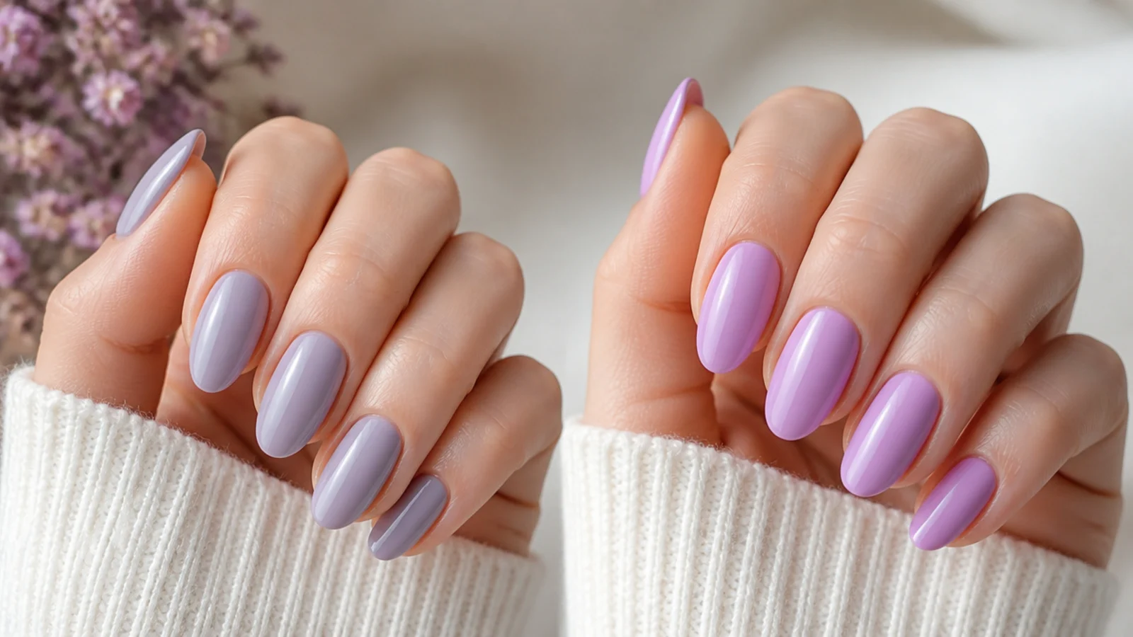 Soft gray-blue lavender nails beside a brighter light purple for comparison