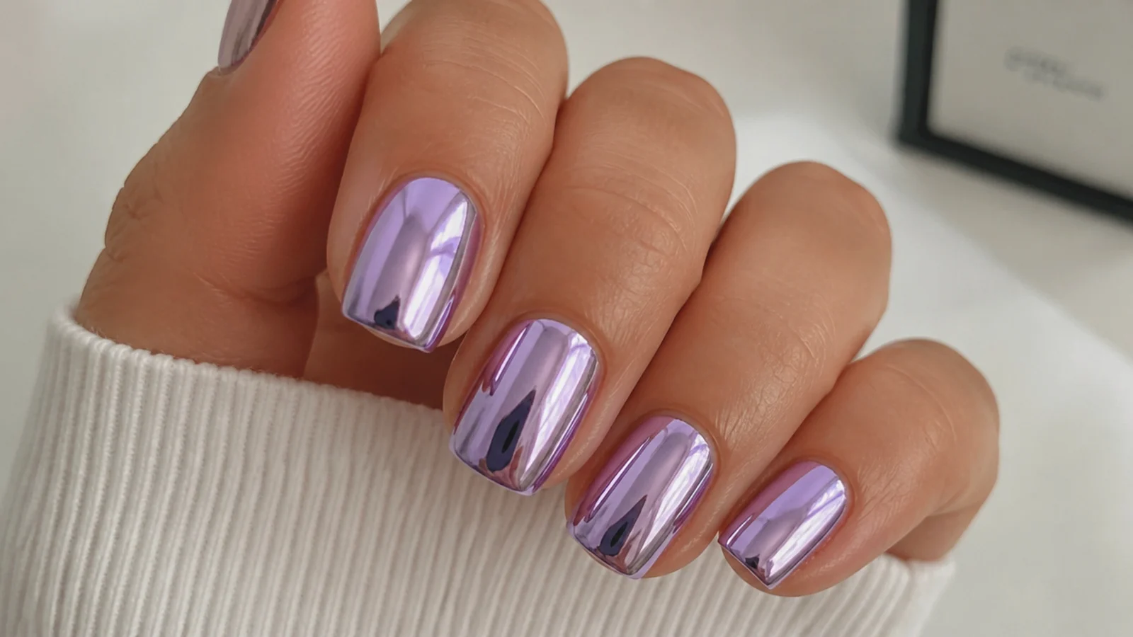 Reflective lavender chrome mirror nails on a short square shape
