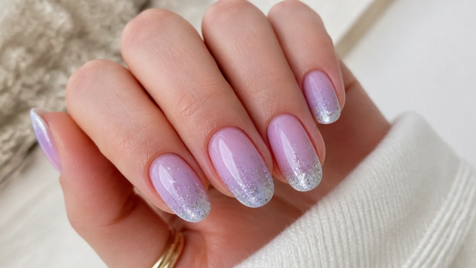 Sheer lilac nails with fine silver glitter fading up from the tips