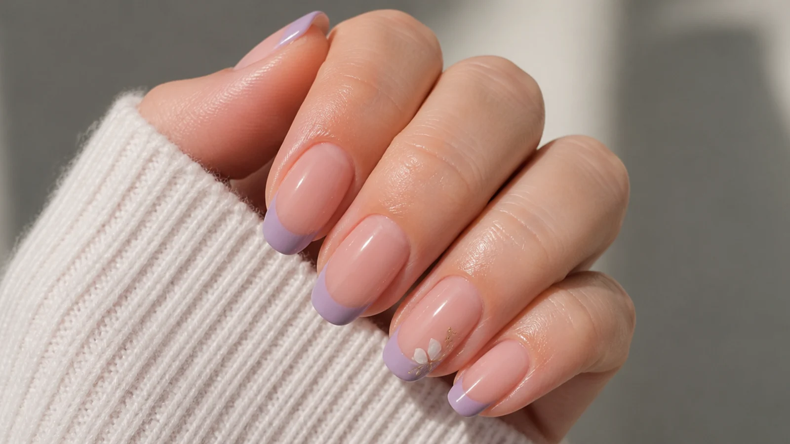 Sheer nude nails with soft grayed lilac French tips