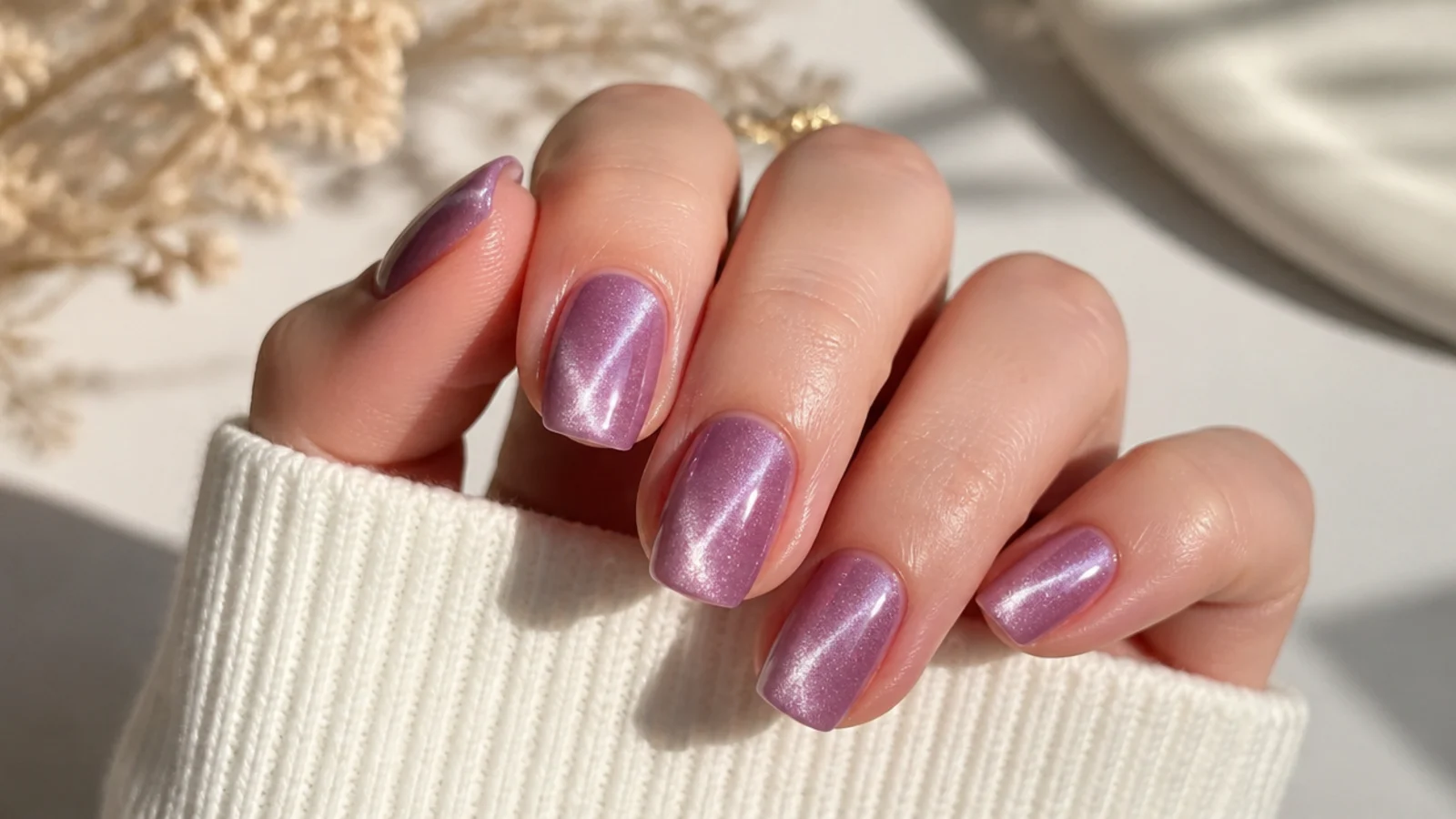 Light purple cat-eye nails with a shimmering magnetic light streak