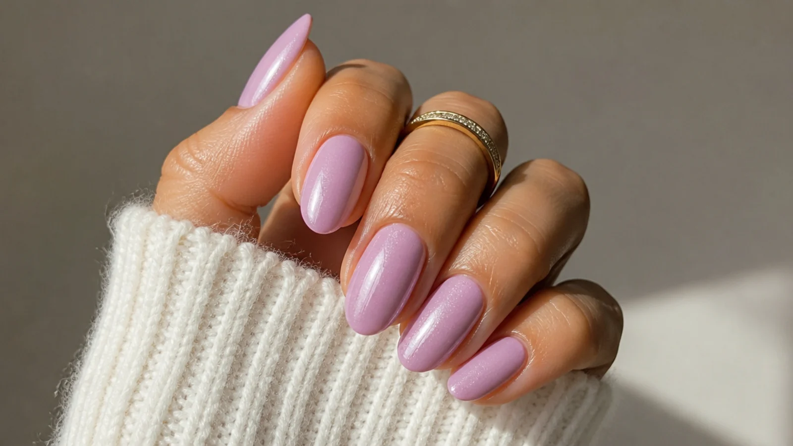 Warm pink-toned lilac nails with a soft glazed sheen