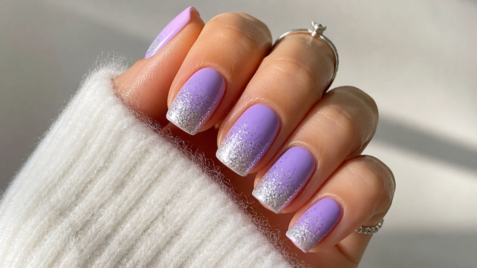 Lilac nails with a sparkling silver glitter ombre from the tips