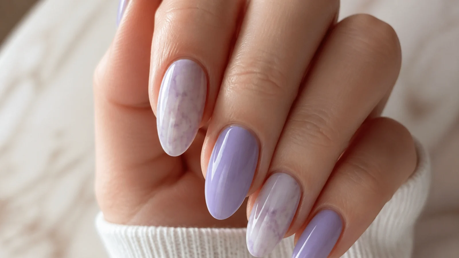 Soft lilac and white marble nails with hazy veining