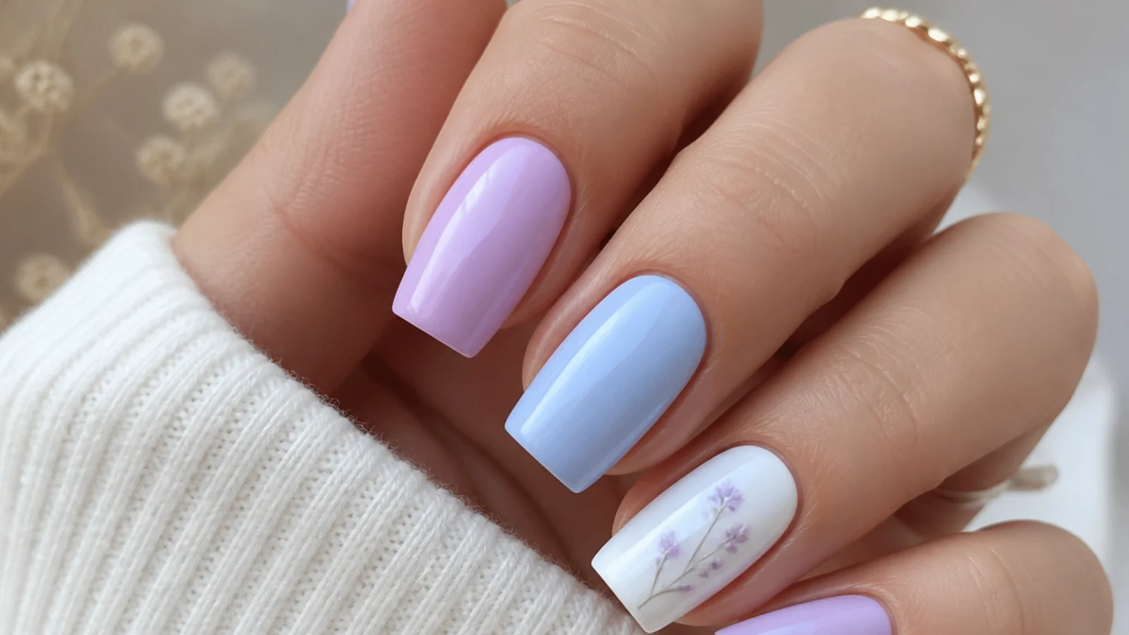 Mixed pastel nails alternating soft lilac, baby blue and white
