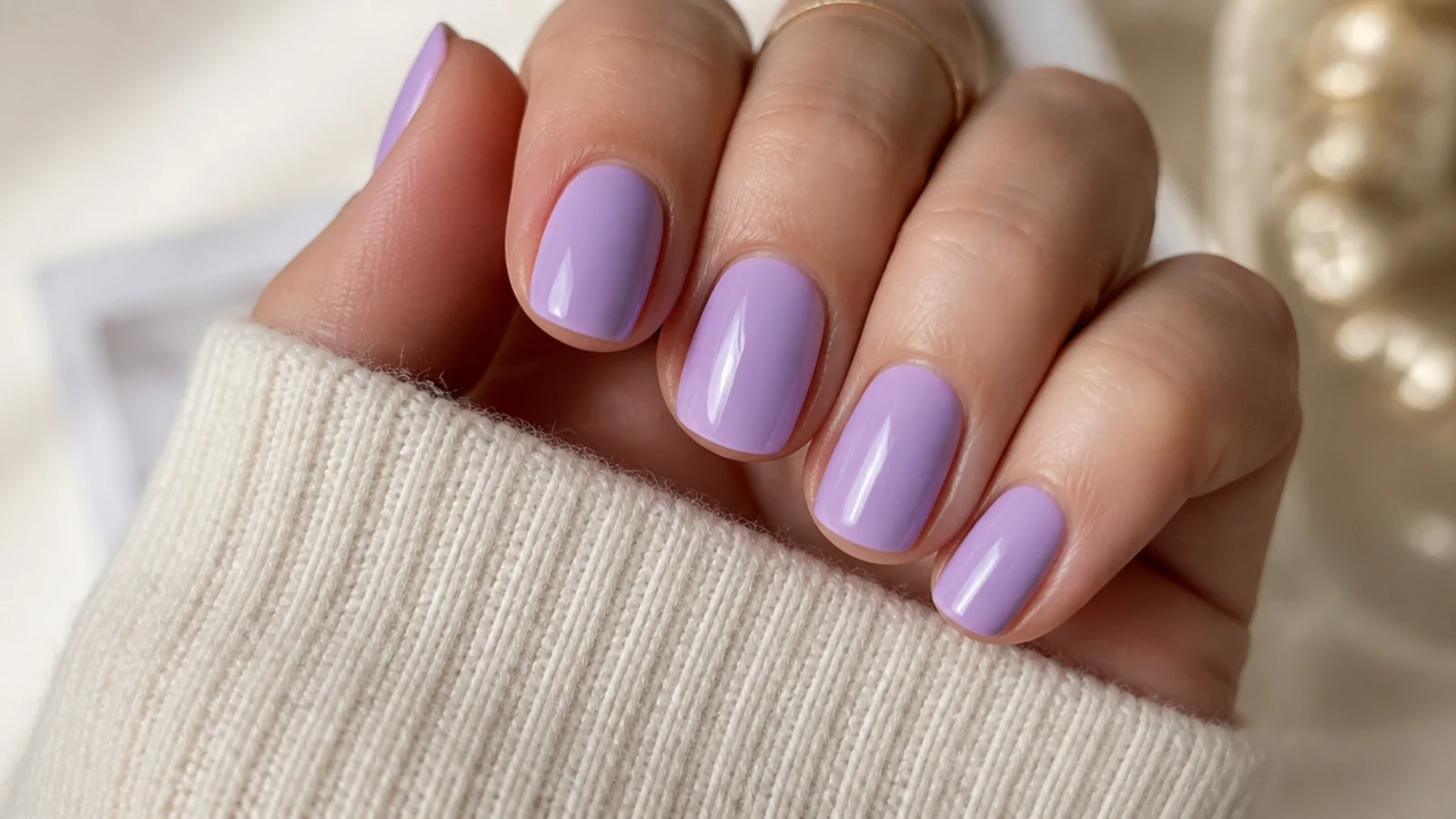 Short squoval nails in a soft opaque lilac for everyday wear