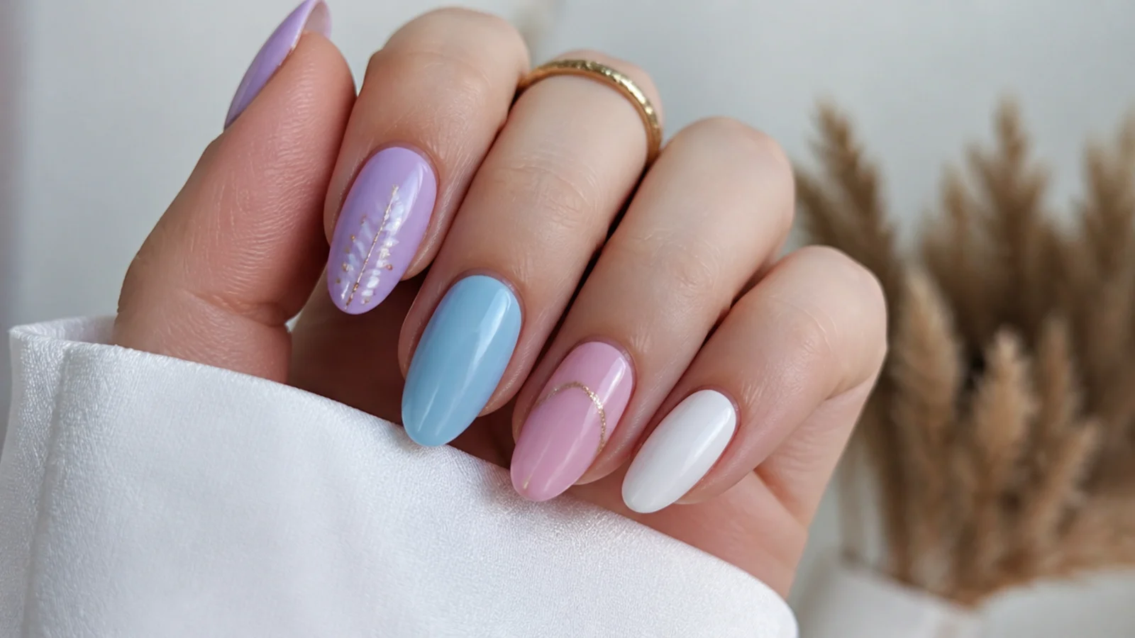 Light purple nails shown beside light blue, soft pink, white, silver and gold accents