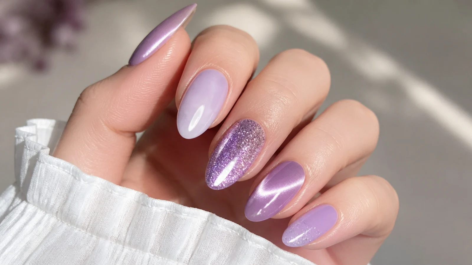 Light purple nails in chrome, milky, glitter, ombre and cat-eye finishes on an almond shape