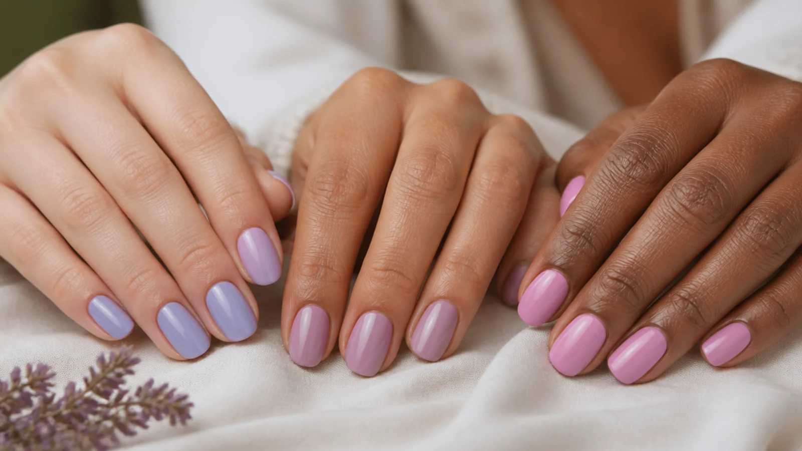 Three light purple swatches from cool lilac to warm pink-lilac on different skin tones