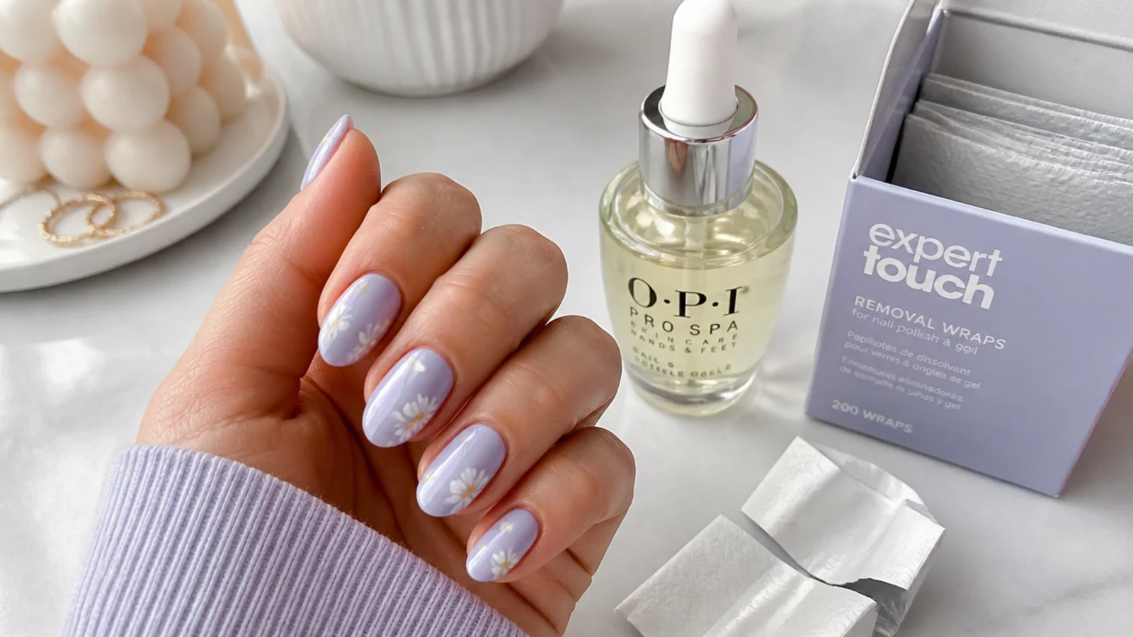Cuticle oil and acetone foils for maintaining and removing light purple gel nails