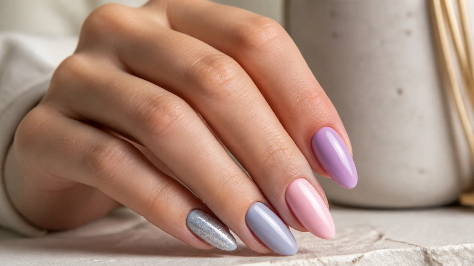 Light purple nails styled next to light blue, soft pink and silver accent swatches