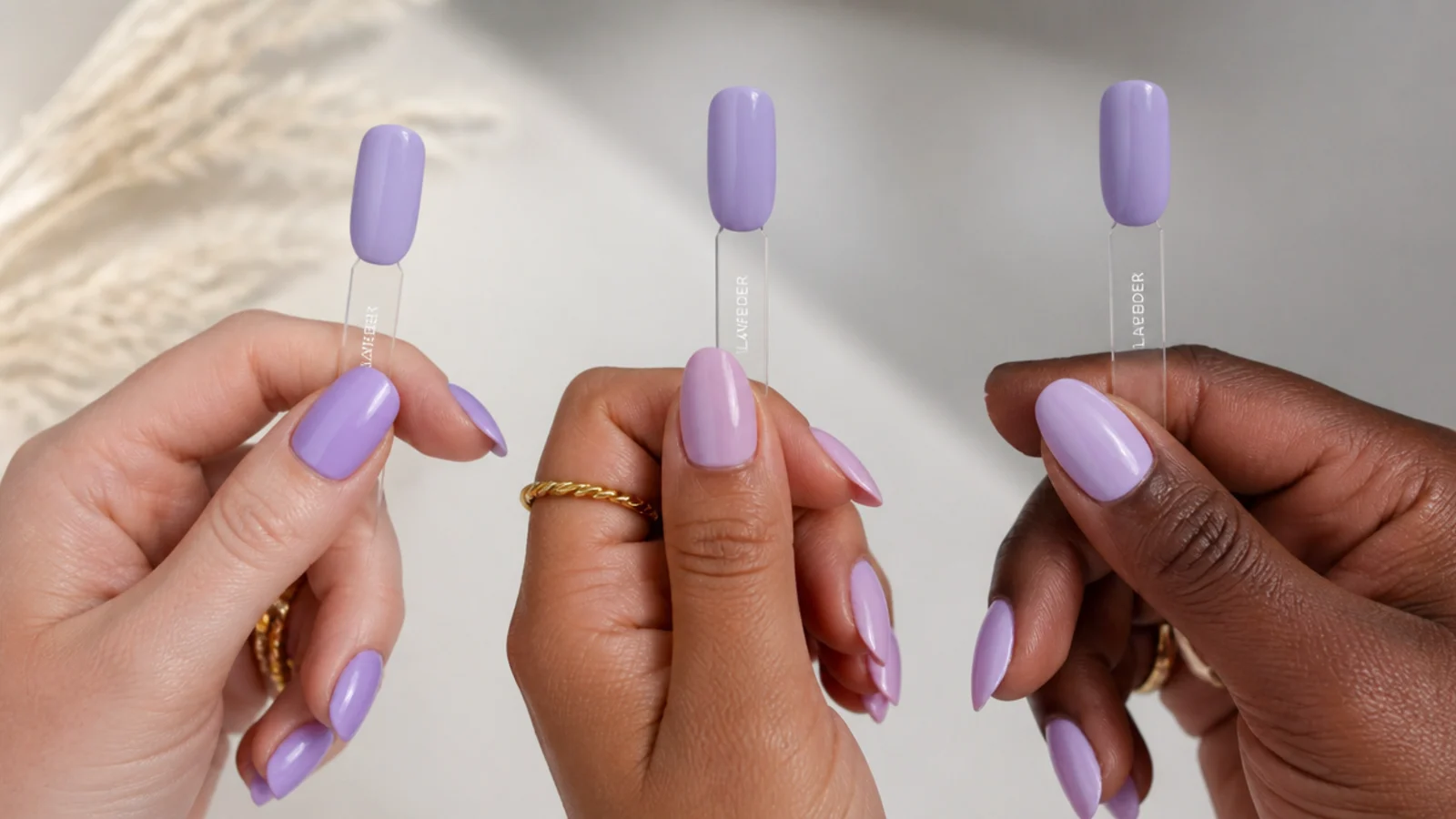 Light purple gel swatches held against fair, tan and deep hands
