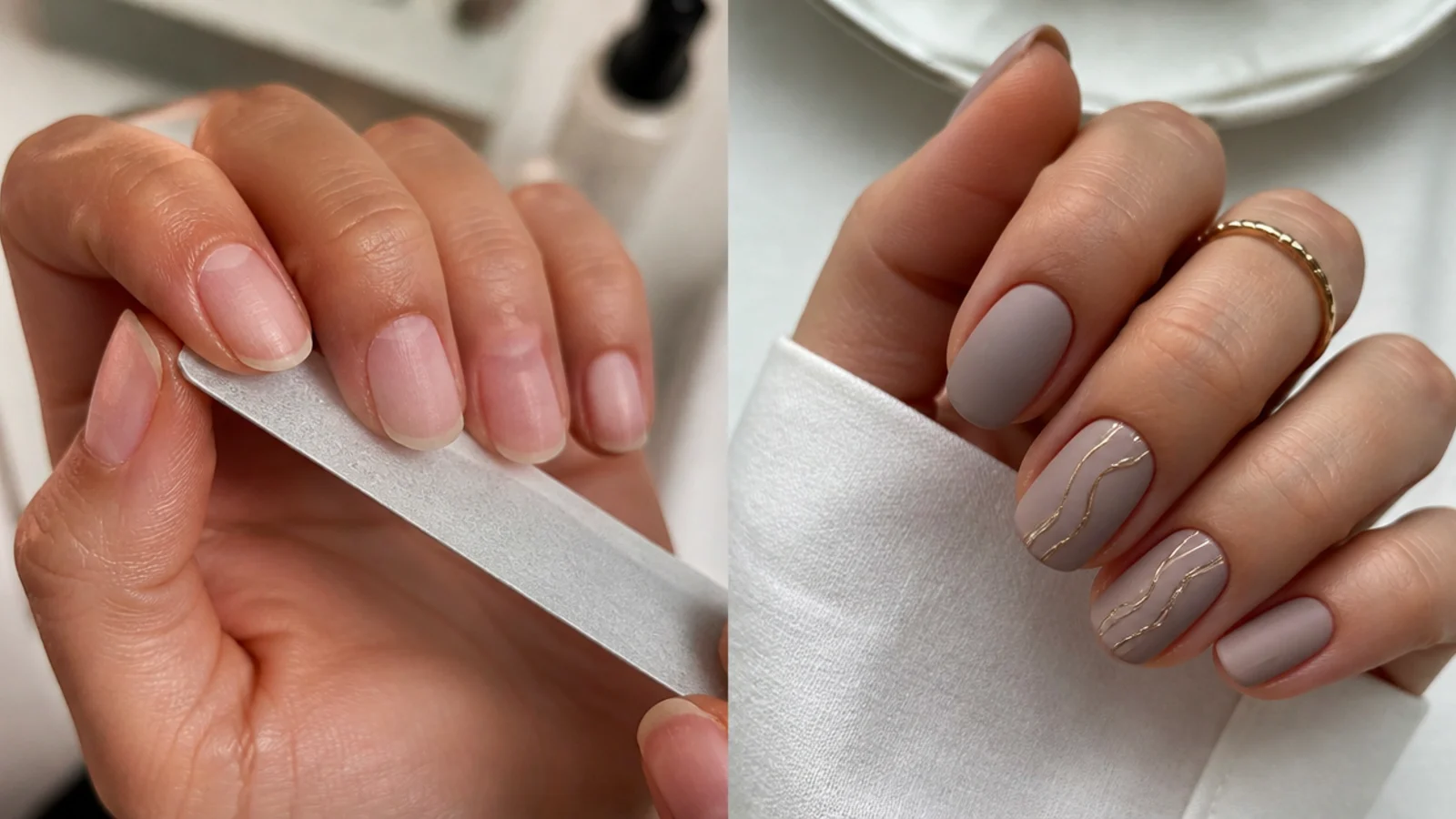 Short nails being shaped and buffed to a matte finish before gel