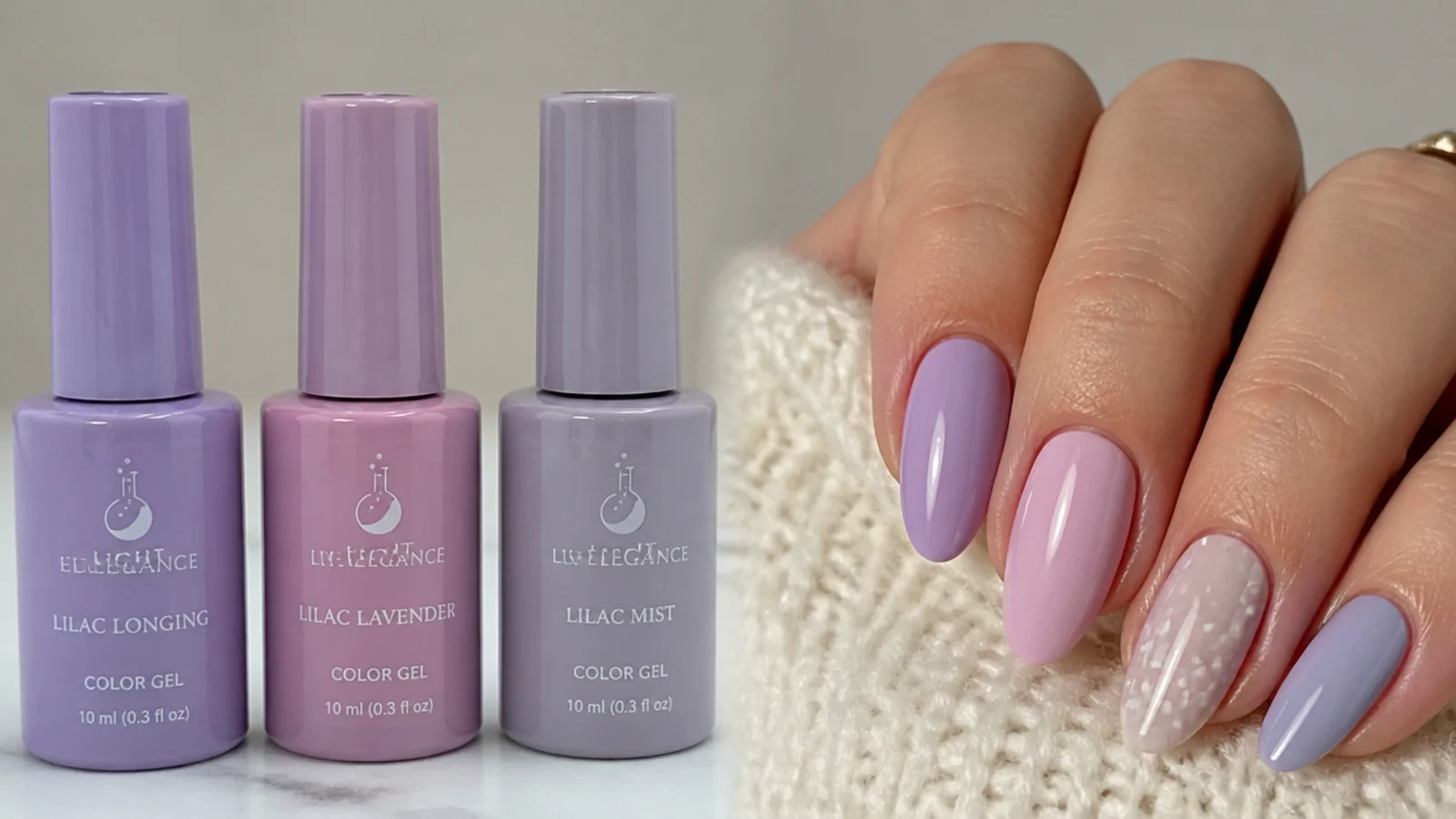 Three light purple gel bottles - cool lilac, warm pink-lilac and grayed lilac