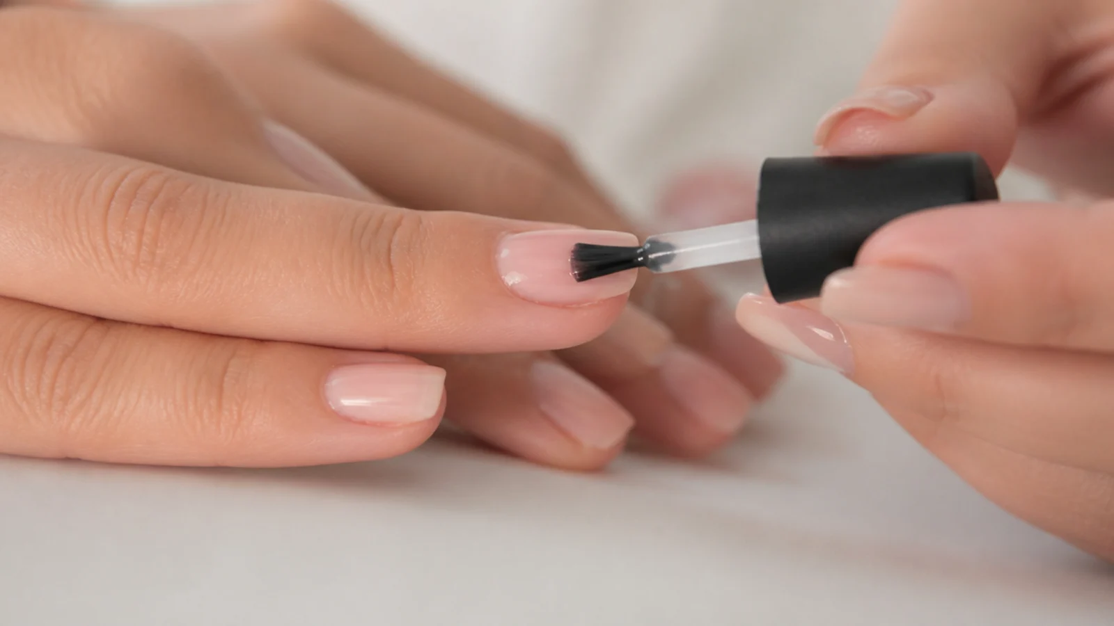 A thin gel base coat being applied to a prepped nail