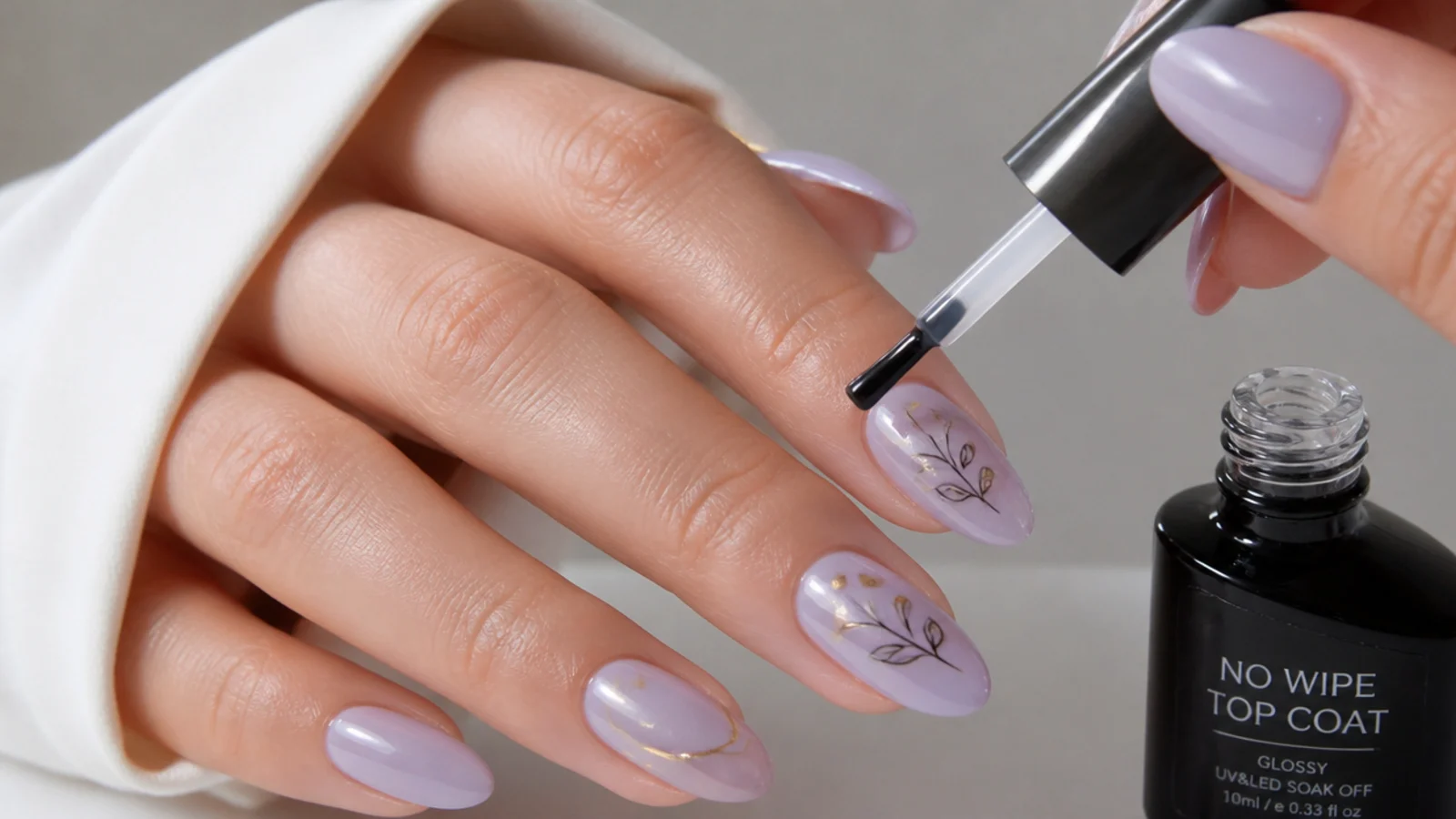 A glossy no-wipe top coat sealing finished light purple nails