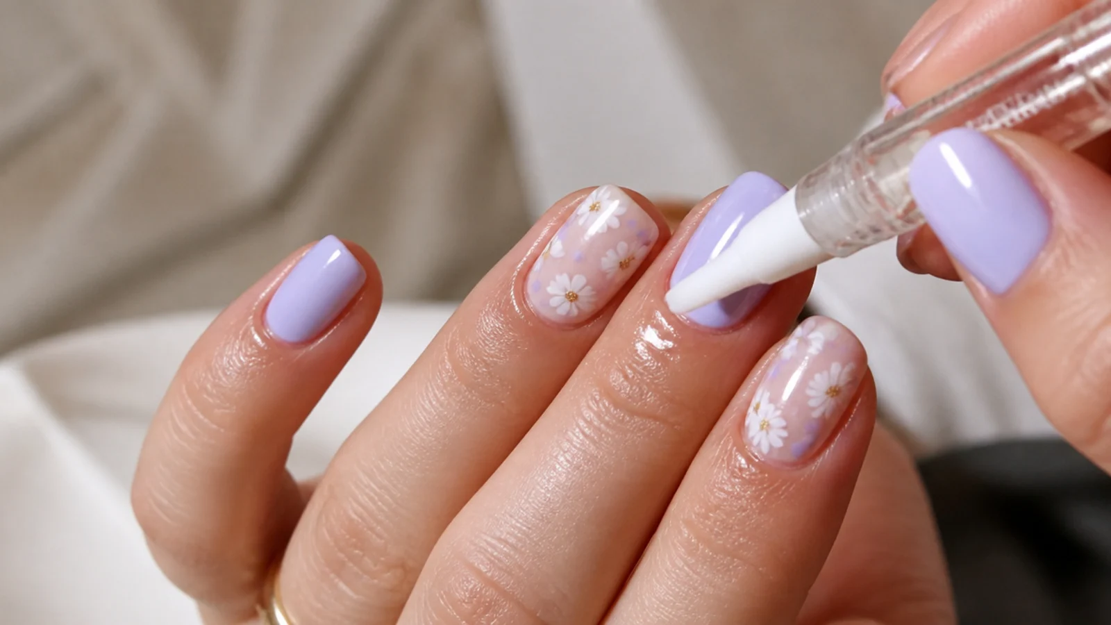 Cuticle oil being massaged around finished light purple nails